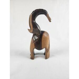 Hand Carved‎ Wood Elephant Sculpture Figurine Trunk Up Safari Decor Large 11"